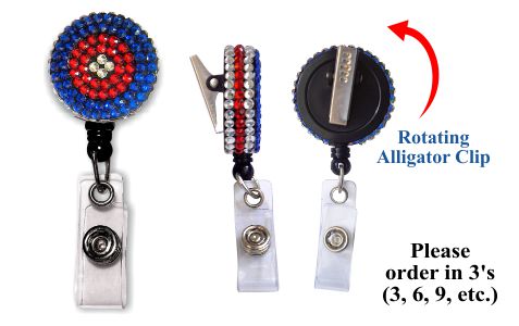 Retractable Badge Holder with Red White and Blue Rhinestones