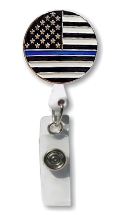 Retractable Badge Holder with ENAMEL Thin Blue Line Flag