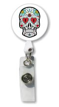 Retractable Badge Holder with Photo Metal: White Sugar Skull